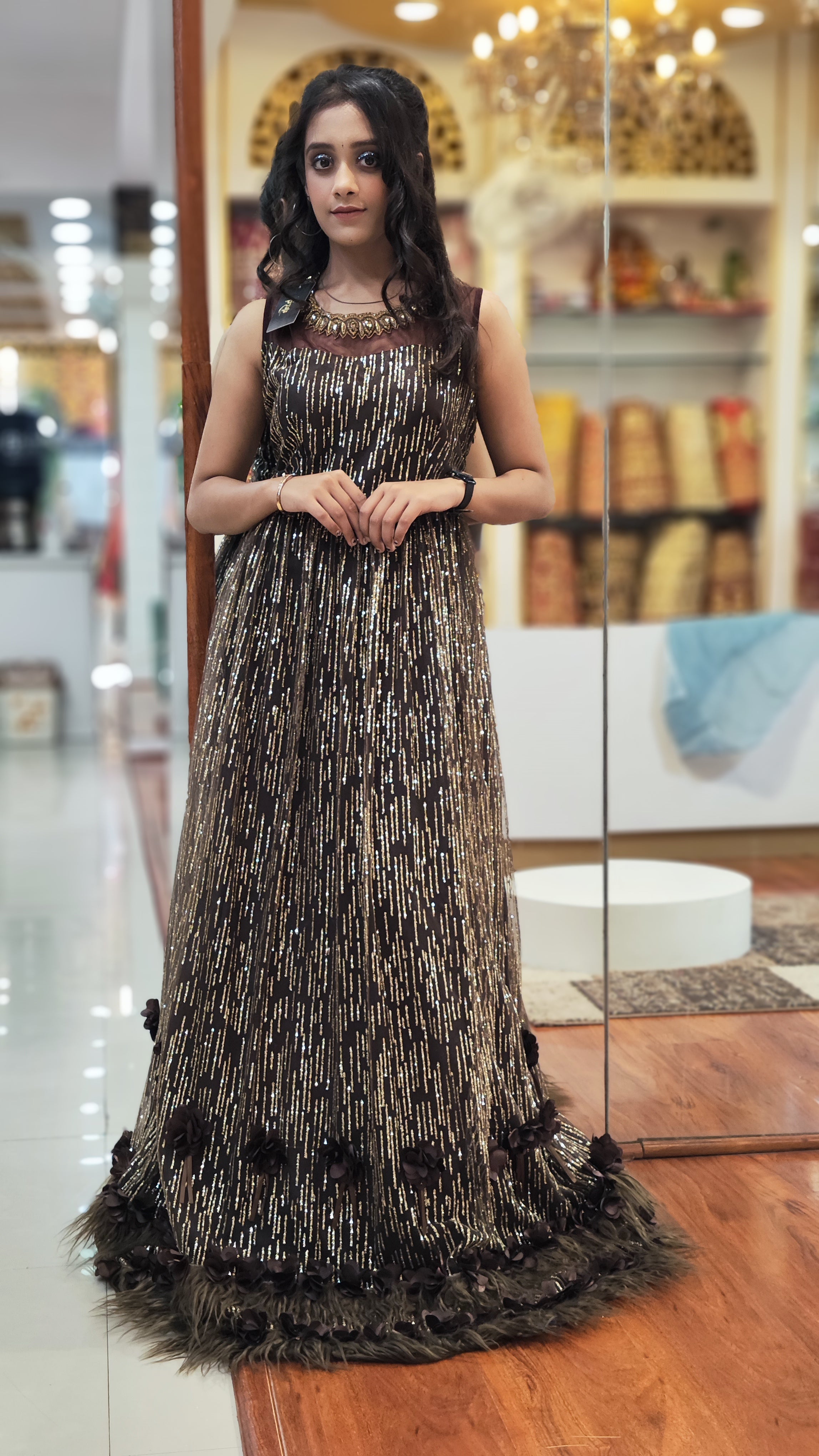 Brown Gown Net with Fur work