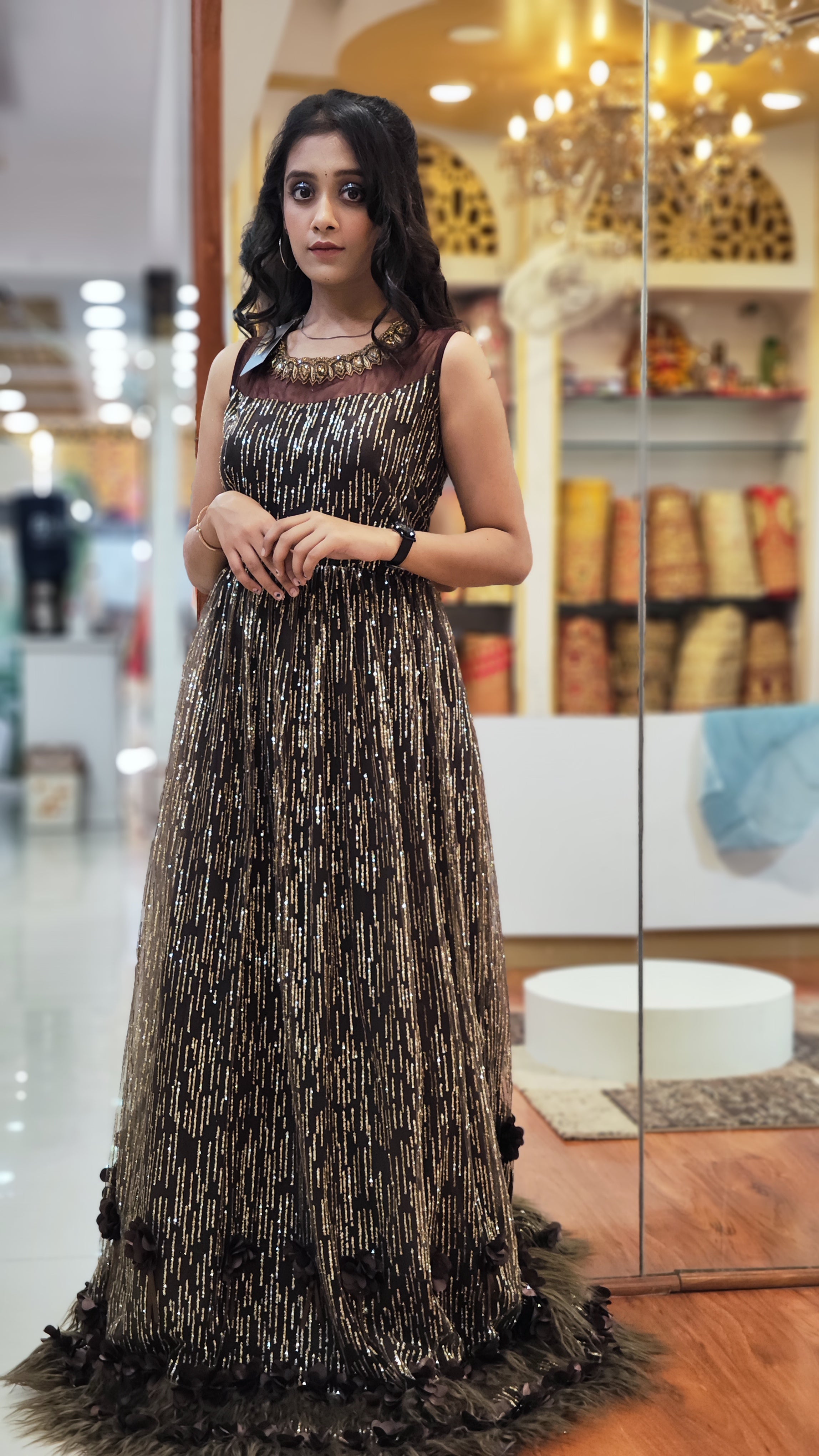 Brown Gown Net with Fur work